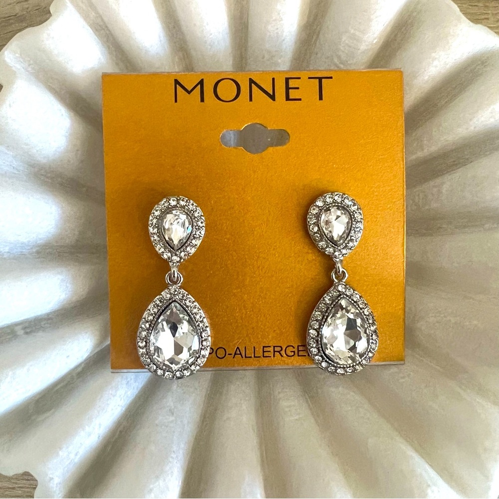 MONET SILVER RHINESTONE DROP EARRINGS
